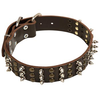 Mastiff Handmade Leather Collar 3  Studs and Spikes Rows