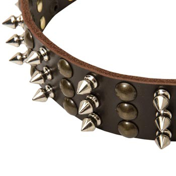 3 Rows of Spikes and Studs Decorative Mastiff  Leather Collar