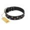 "Power-Flower" FDT Artisan Black Leather Mastiff Collar with Two Rows of Silver-like Studs with Engraved Flowers
