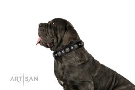 "Vintage Elegance" FDT Artisan Black Leather Mastiff Collar with Engraved Brooches and Studs