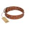 "Waltz of the Flowers" Handmade FDT Artisan Tan Leather Mastiff Collar with Chrome-plated Engraved Studs