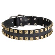 2 Rows Brass Studded Leather Mastiff Collar for Walking and Training