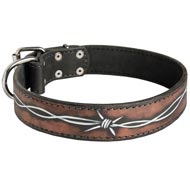 Handpainted Leather Mastiff Collar with Barbed Wire Drawing
