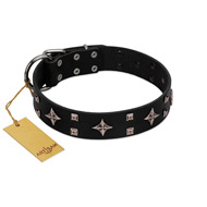 "Snappy Dresser" FDT Artisan Black Leather Mastiff Collar Adorned with Stars and Tiny Squares