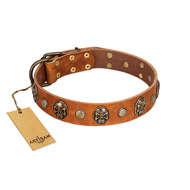 "Call of Feat" FDT Artisan Tan Leather Mastiff Collar with Old Bronze-like Studs and Oval Brooches
