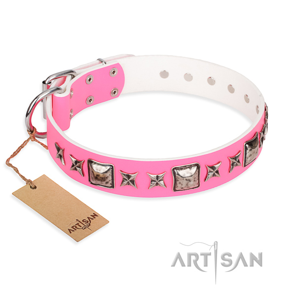 Leather dog collar made of soft to touch material with durable traditional buckle