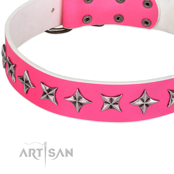 Easy wearing adorned dog collar of top quality genuine leather