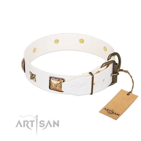 Genuine leather dog collar with rust-proof buckle and adornments