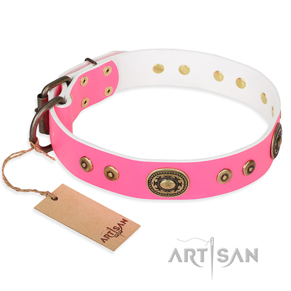 Leather dog collar made of gentle to touch material with rust resistant hardware
