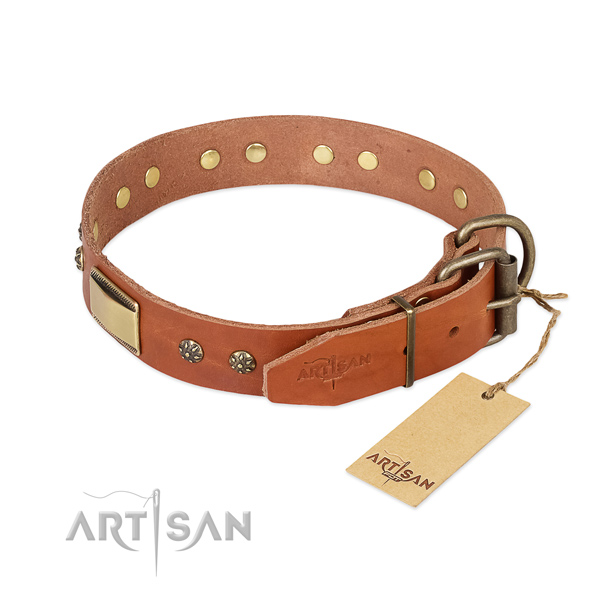 Leather dog collar with strong buckle and studs