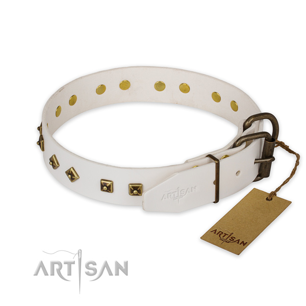 Corrosion proof D-ring on genuine leather collar for walking your four-legged friend