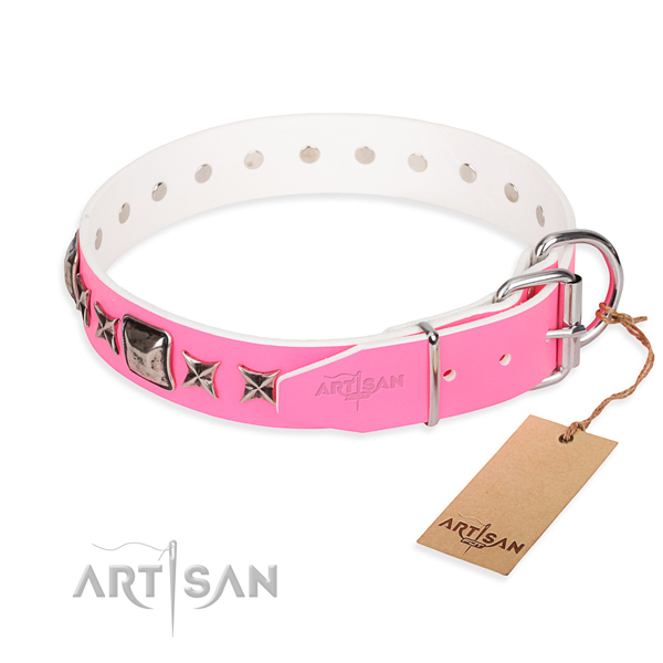 Durable embellished dog collar of full grain genuine leather