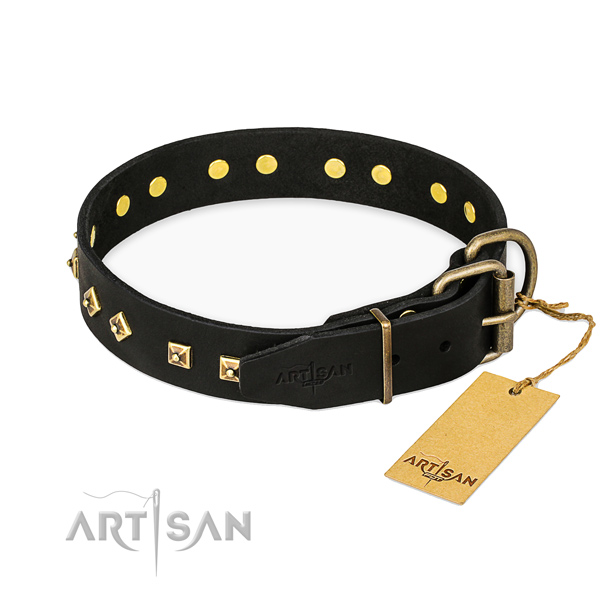 Durable hardware on full grain natural leather collar for stylish walking your pet