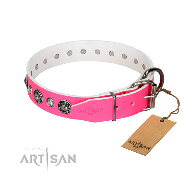 Durable natural leather dog collar with rust-proof fittings
