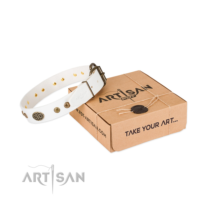 Strong D-ring on full grain natural leather dog collar for your canine