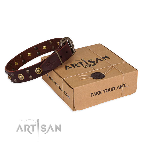 Rust resistant D-ring on full grain genuine leather collar for your stylish dog