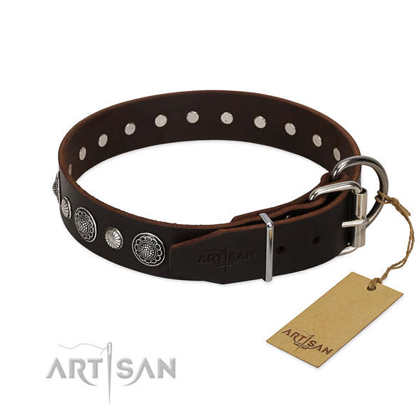 Gentle to touch genuine leather dog collar with rust-proof hardware