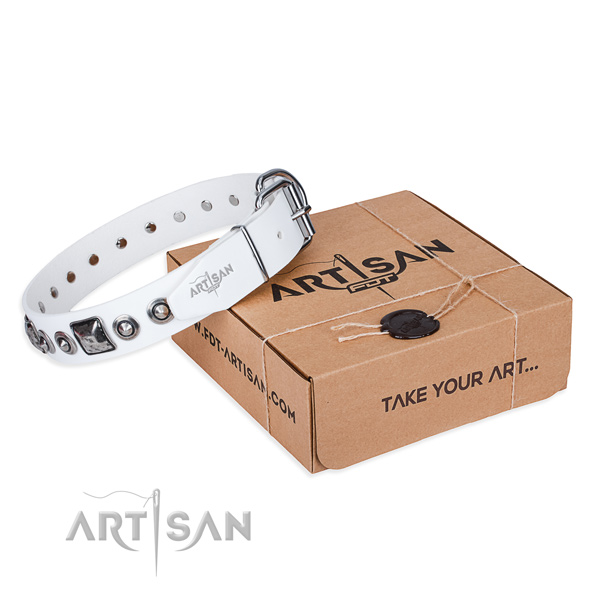 Genuine leather dog collar made of quality material with corrosion resistant hardware