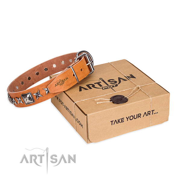 Comfy wearing dog collar of durable natural leather with embellishments