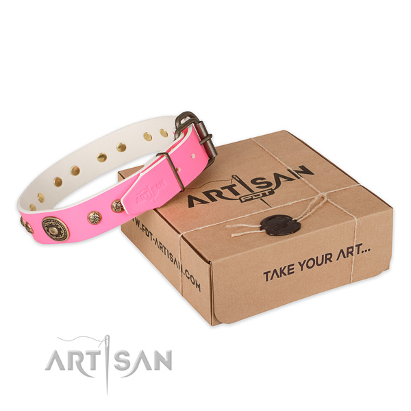 Durable buckle on full grain genuine leather dog collar for daily walking