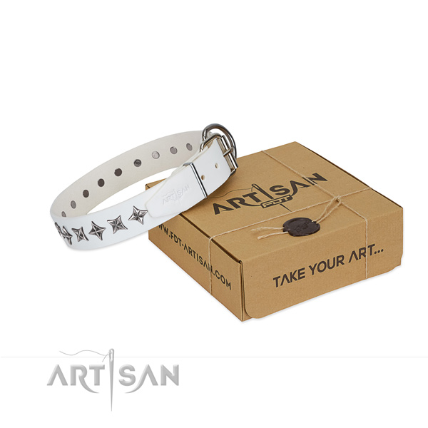 Durable natural leather dog collar with impressive adornments