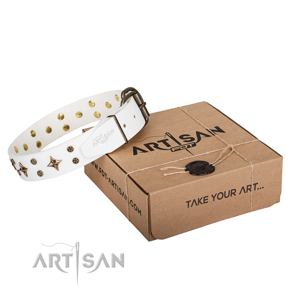Easy wearing dog collar of high quality natural leather with adornments