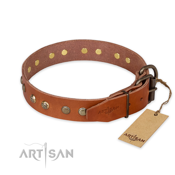 Durable D-ring on natural genuine leather collar for your handsome doggie