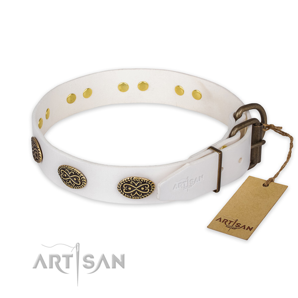 Durable hardware on full grain natural leather collar for stylish walking your pet