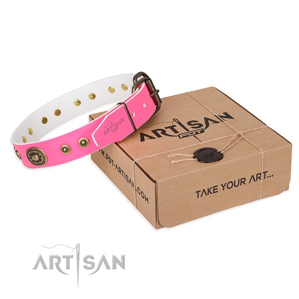 Full grain natural leather dog collar made of best quality material with strong D-ring