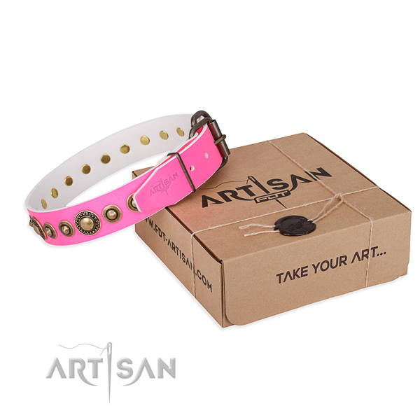 Strong full grain natural leather dog collar made for daily use