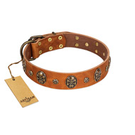 "Rockstar" FDT Artisan Tan Leather Mastiff Collar with Engraved Studs and Medallions