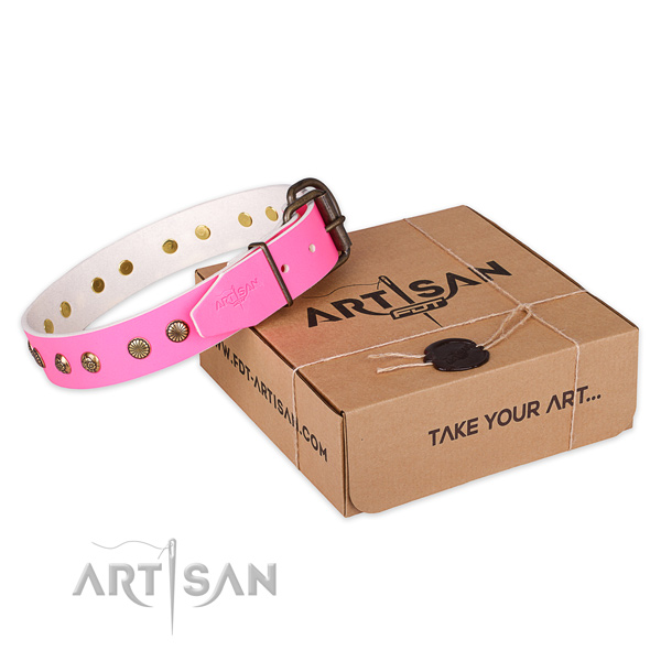 Corrosion resistant buckle on natural genuine leather collar for your attractive canine