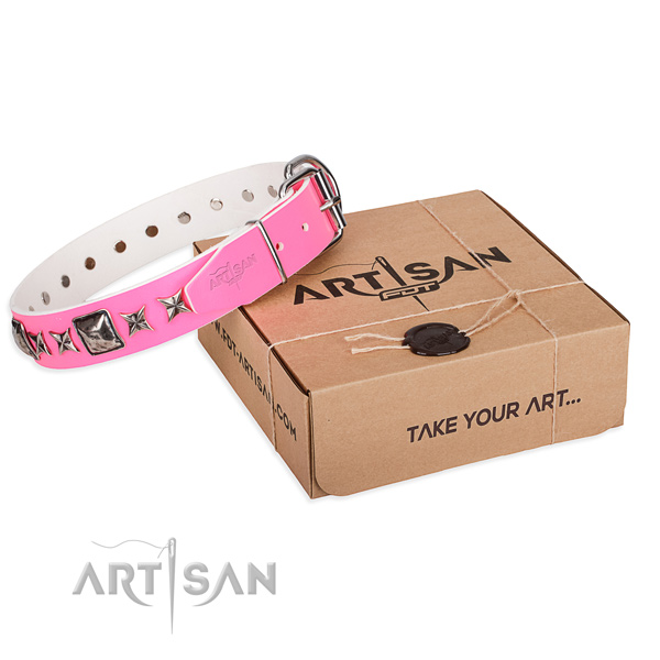 Basic training full grain genuine leather dog collar with decorations