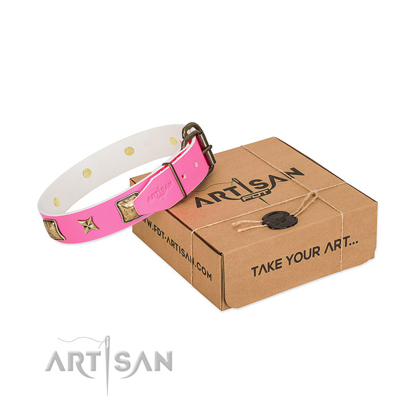 Corrosion proof traditional buckle on full grain natural leather dog collar for everyday walking