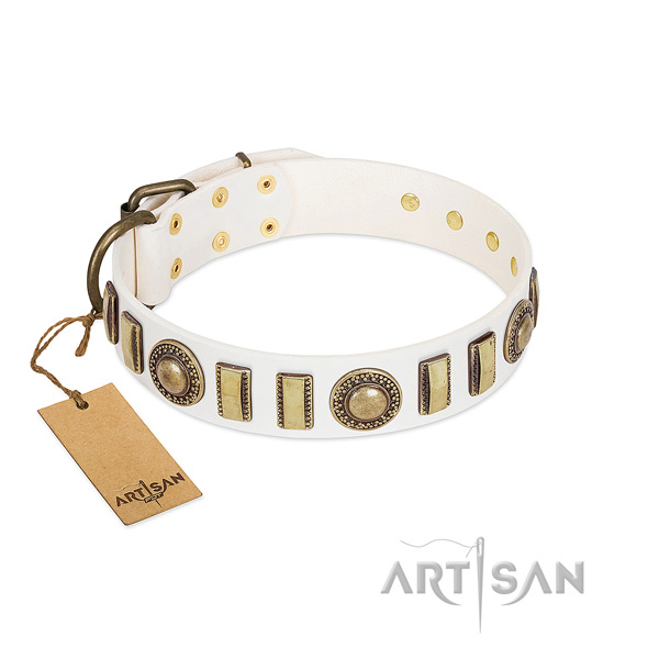Unique full grain natural leather dog collar with strong D-ring