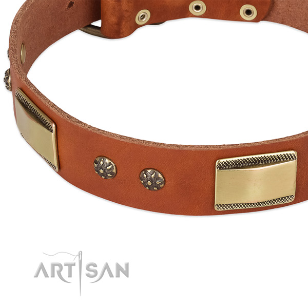 Rust-proof D-ring on natural genuine leather dog collar for your four-legged friend