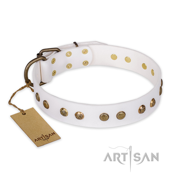 Easy wearing genuine leather dog collar with corrosion proof buckle