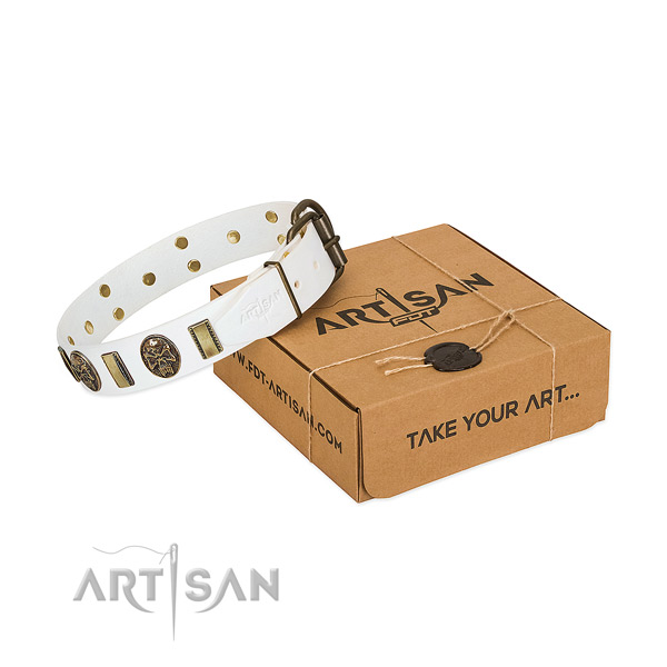 Strong hardware on full grain genuine leather dog collar for fancy walking