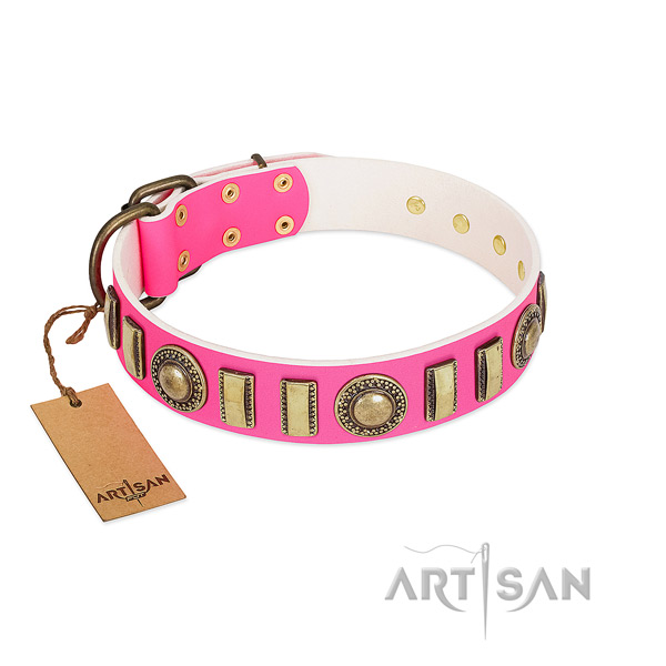 Unique full grain natural leather dog collar with corrosion proof D-ring