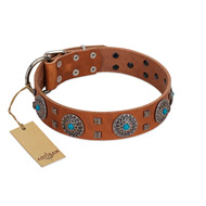 "Blue Sands" FDT Artisan Tan Leather Mastiff Collar with Silver-like Studs and Round Conchos with Stones