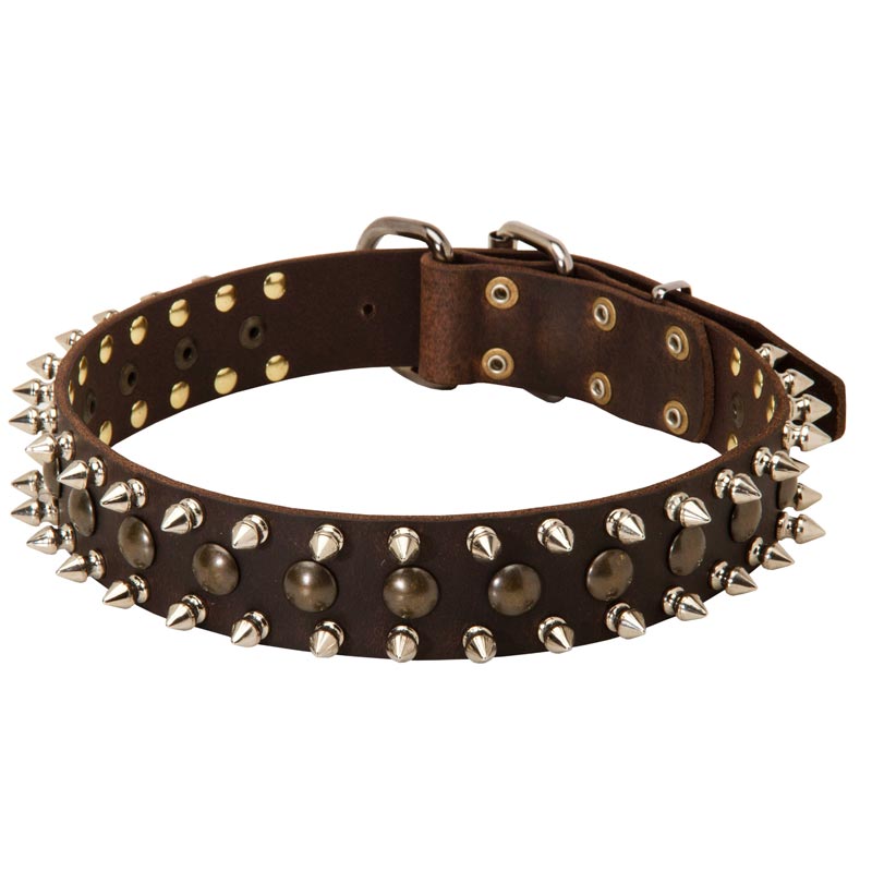 3 Rows Leather Spiked and Studded Mastiff Collar