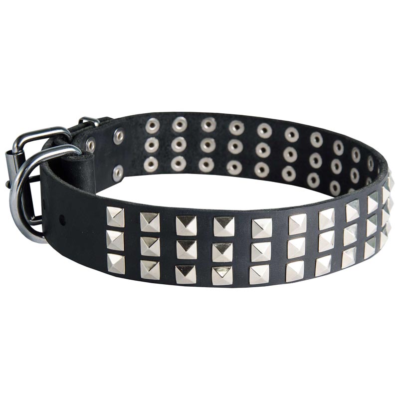 Leather Mastiff Collar with 3 Rows of Nickel Pyramids