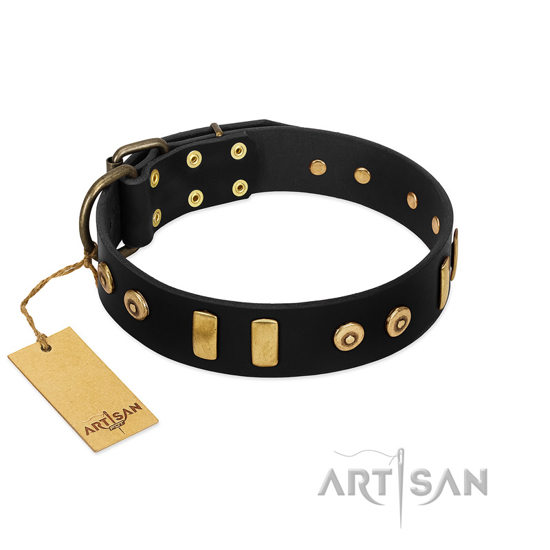 "Rare Dog" FDT Artisan Black Leather Mastiff Collar with Old Bronze-like Dotted Studs and Tiles