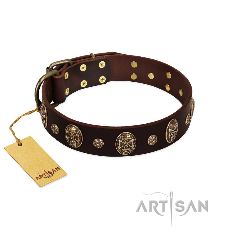 "Breaking the Horizon" FDT Artisan Brown Leather Mastiff Collar with Engraved Studs and Medallions - Click Image to Close