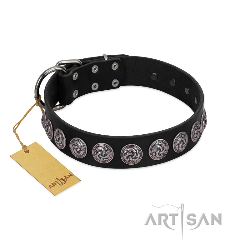 "Black Raven" Handmade FDT Artisan Black Leather Mastiff Collar with Silver-Like Adornments