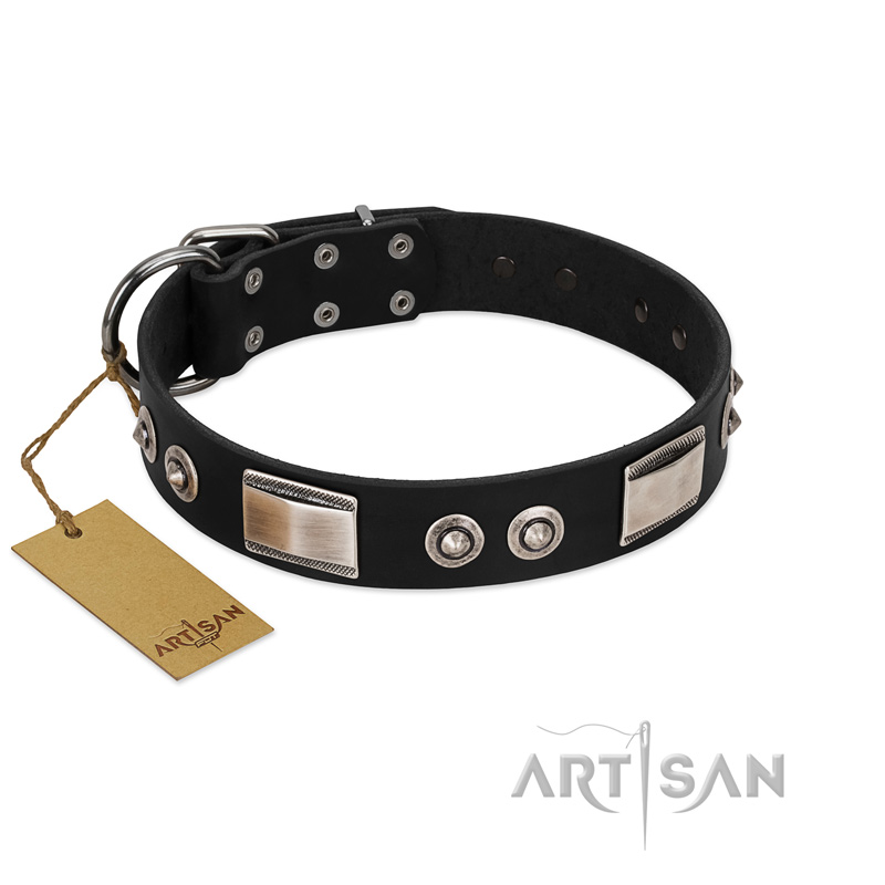 "Grand Wear" FDT Artisan Black Leather Mastiff Collar with Shining Plates and Spiked Studs