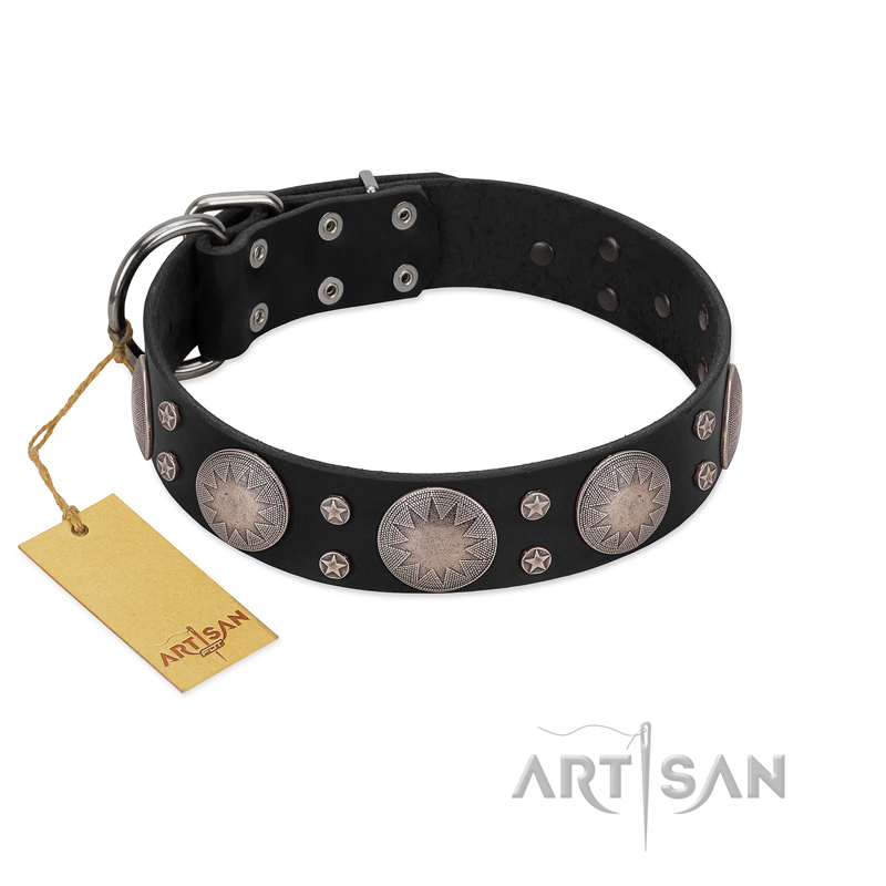 "Starry Sky" Trendy FDT Artisan Black Leather Mastiff Collar with Large Brooches - Click Image to Close