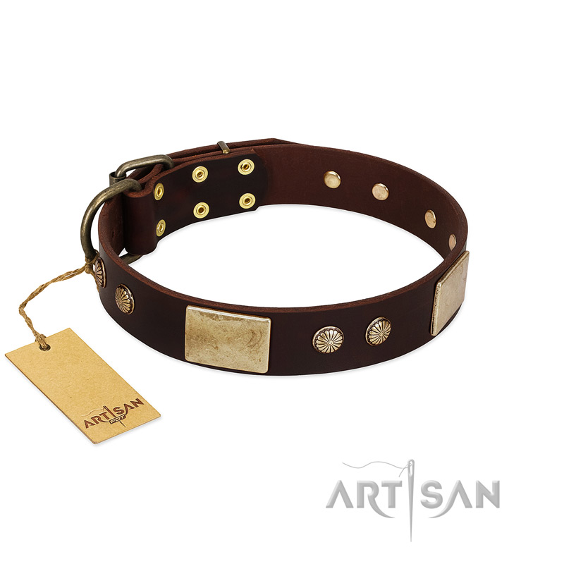 "Middle Age" FDT Artisan Brown Leather Mastiff Collar with Old Bronze-Plated Engraved Flowers and Large Plates
