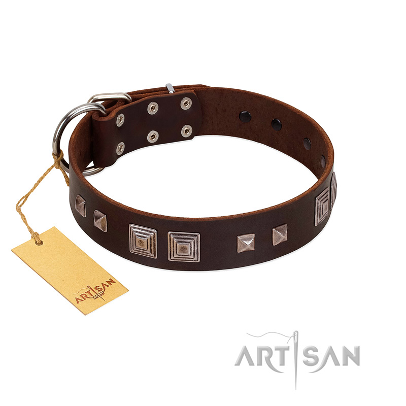 "Object of Virtu" FDT Artisan Brown Leather Mastiff Collar with Old Silver-like Square Studs and Pyramids - Click Image to Close