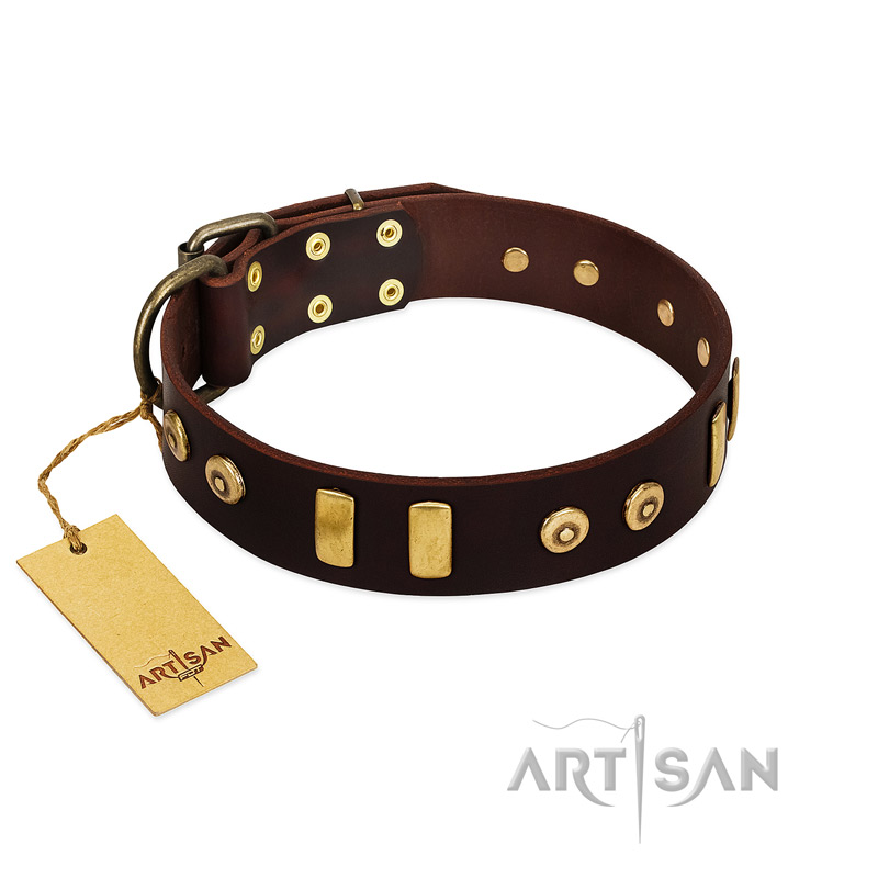 "Lord of Dogs" FDT Artisan Brown Leather Mastiff Collar with Old Bronze-like Dotted Studs and Tiles